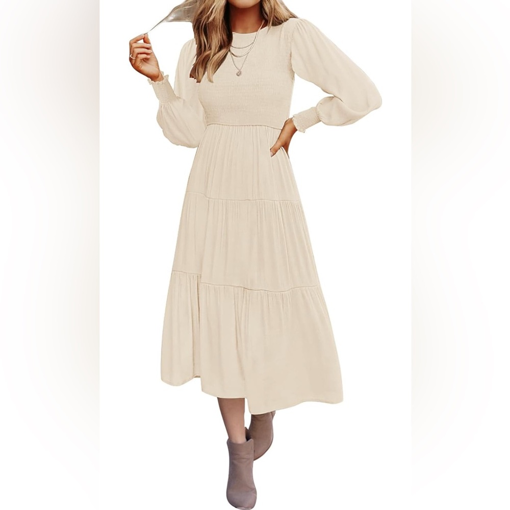 Cream Tiered Long Sleeve Sundress with smocked top- brand new